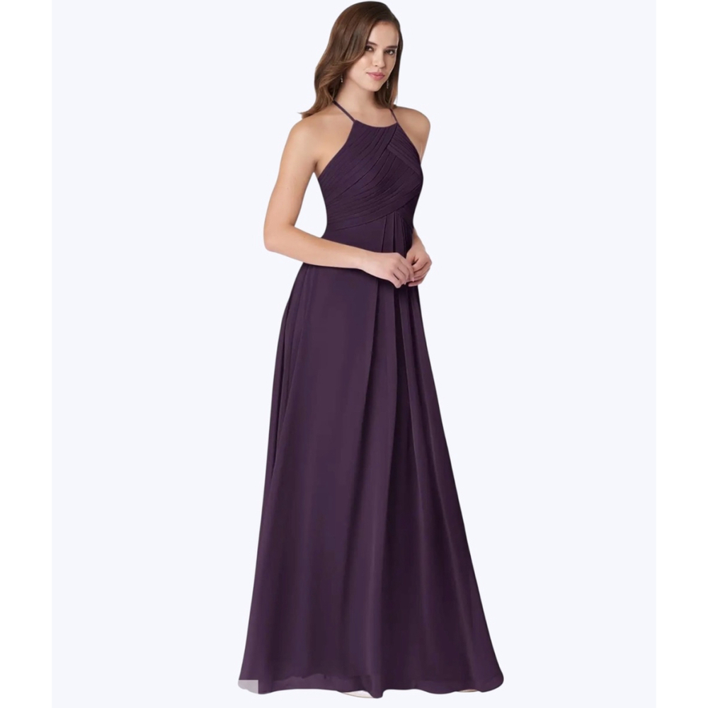 Azazie Ginger Plum A-Line Halter Pleated Chiffon Dress Gown Size A6